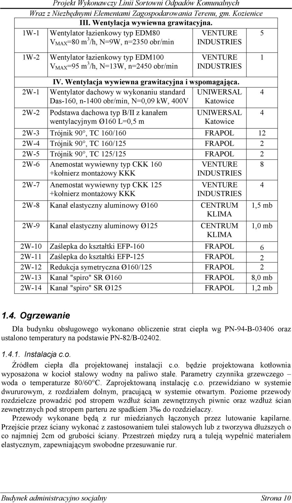 2W-1 Wentylatr dachwy w wyknaniu standard Das-160, n-1400 br/min, N=0,09 kw, 400V UNIWERSAL Katwice 2W-2 Pdstawa dachwa typ B/II z kanałem wentylacyjnym Ø160 L=0,5 m UNIWERSAL Katwice 2W-3 Trójnik