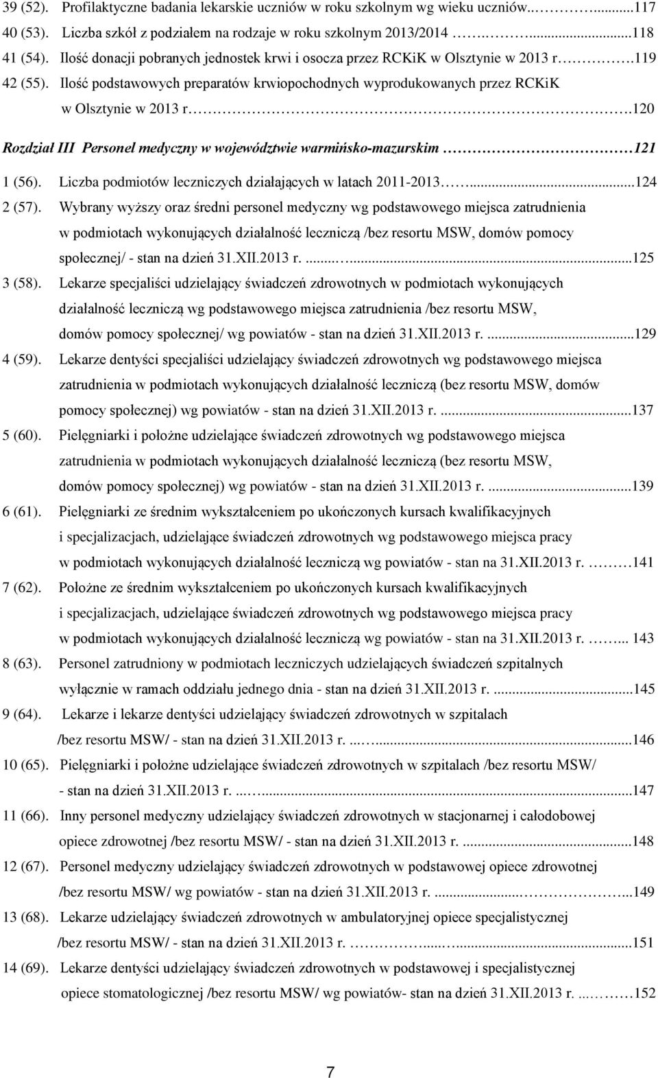 120 Rozdział III Personel medyczny w województwie warmińsko-mazurskim 121 1 (56). Liczba podmiotów leczniczych działających w latach 2011-2013...124 2 (57).