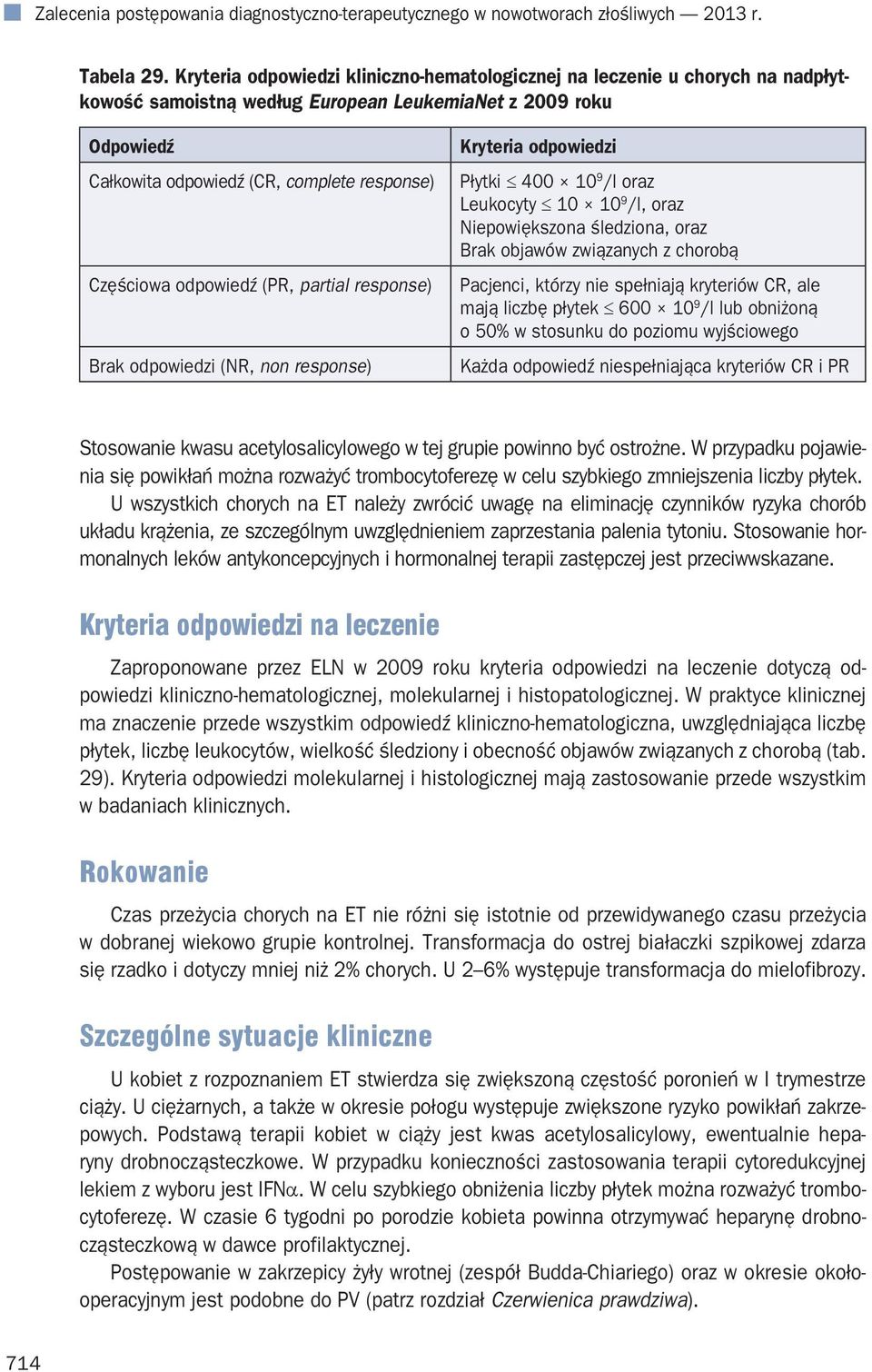 odpowiedź (PR, partial response) Brak odpowiedzi (NR, non response) Kryteria odpowiedzi Płytki 400 10 9 /l oraz Leukocyty 10 10 9 /l, oraz Niepowiększona śledziona, oraz Brak objawów związanych z