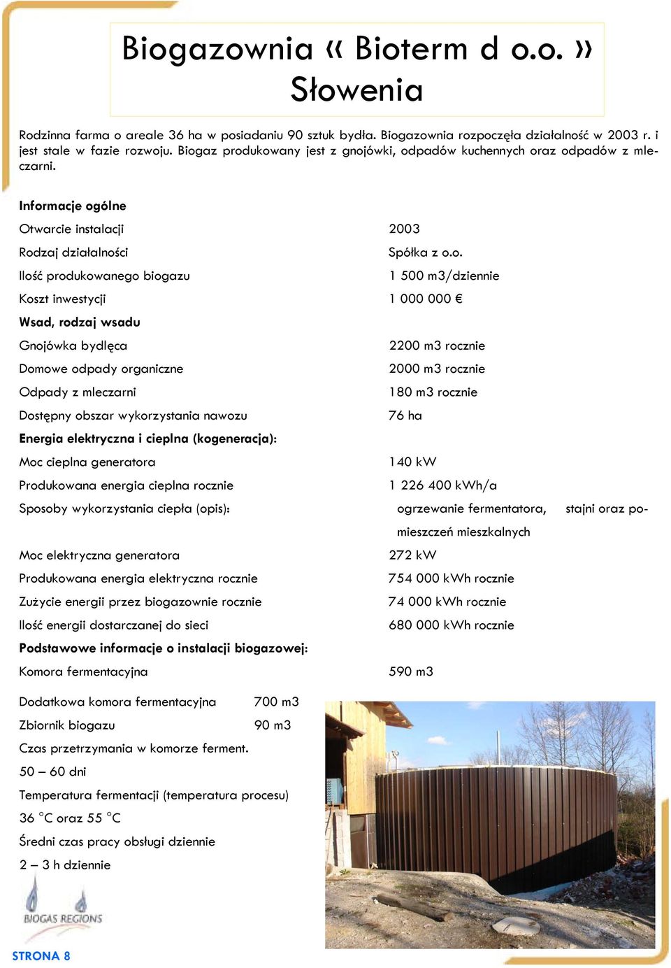 m3/dziennie Koszt inwestycji 1 000 000 Wsad, rodzaj wsadu Gnojówka bydlęca 2200 m3 rocznie Domowe odpady organiczne 2000 m3 rocznie Odpady z mleczarni 180 m3 rocznie Dostępny obszar wykorzystania
