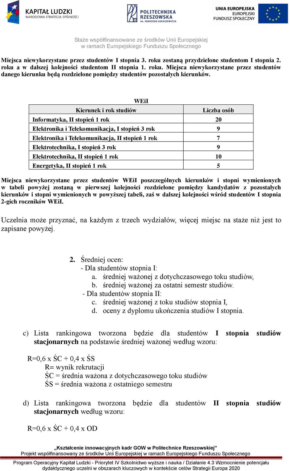 3 rok 9 Elektrotechnika, II stopień 1 rok 10 Energetyka, II stopień 1 rok 5 Miejsca niewykorzystane przez studentów WEiI poszczególnych kierunków i stopni wymienionych w tabeli powyżej zostaną w