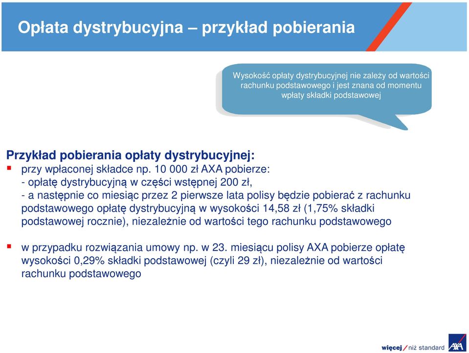 10 000 zł AXA pobierze: - opłatę dystrybucyjną w części wstępnej 200 zł, - a następnie co miesiąc przez 2 pierwsze lata polisy będzie pobierać z rachunku podstawowego opłatę