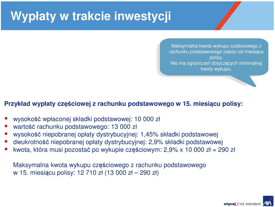 miesiącu polisy: wysokość wpłaconej składki podstawowej: 10 000 zł wartość rachunku podstawowego: 13 000 zł wysokość niepobranej opłaty dystrybucyjnej: 1,45% składki