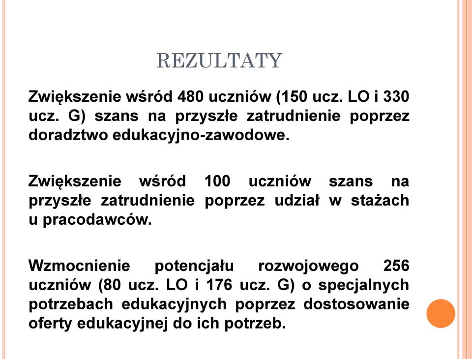 Zwiększenie wśród 100 uczniów szans na przyszłe zatrudnienie poprzez udział w stażach u pracodawców.