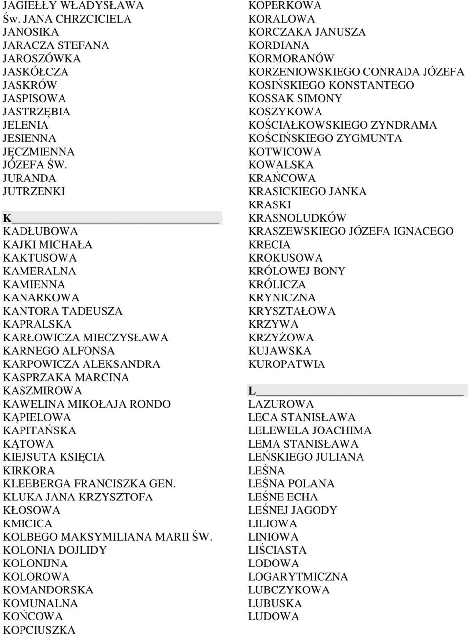 KAWELINA MIKOŁAJA RONDO KĄPIELOWA KAPITAŃSKA KĄTOWA KIEJSUTA KSIĘCIA KIRKORA KLEEBERGA FRANCISZKA GEN. KLUKA JANA KRZYSZTOFA KŁOSOWA KMICICA KOLBEGO MAKSYMILIANA MARII ŚW.
