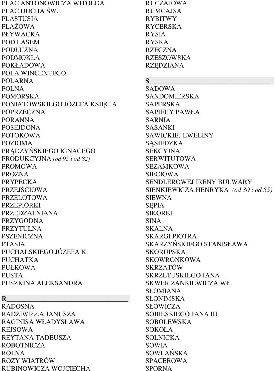 IGNACEGO PRODUKCYJNA (od 95 i od 82) PROMOWA PRÓŻNA PRYPECKA PRZEJŚCIOWA PRZELOTOWA PRZEPIÓRKI PRZĘDZALNIANA PRZYGODNA PRZYTULNA PSZENICZNA PTASIA PUCHALSKIEGO JÓZEFA K.