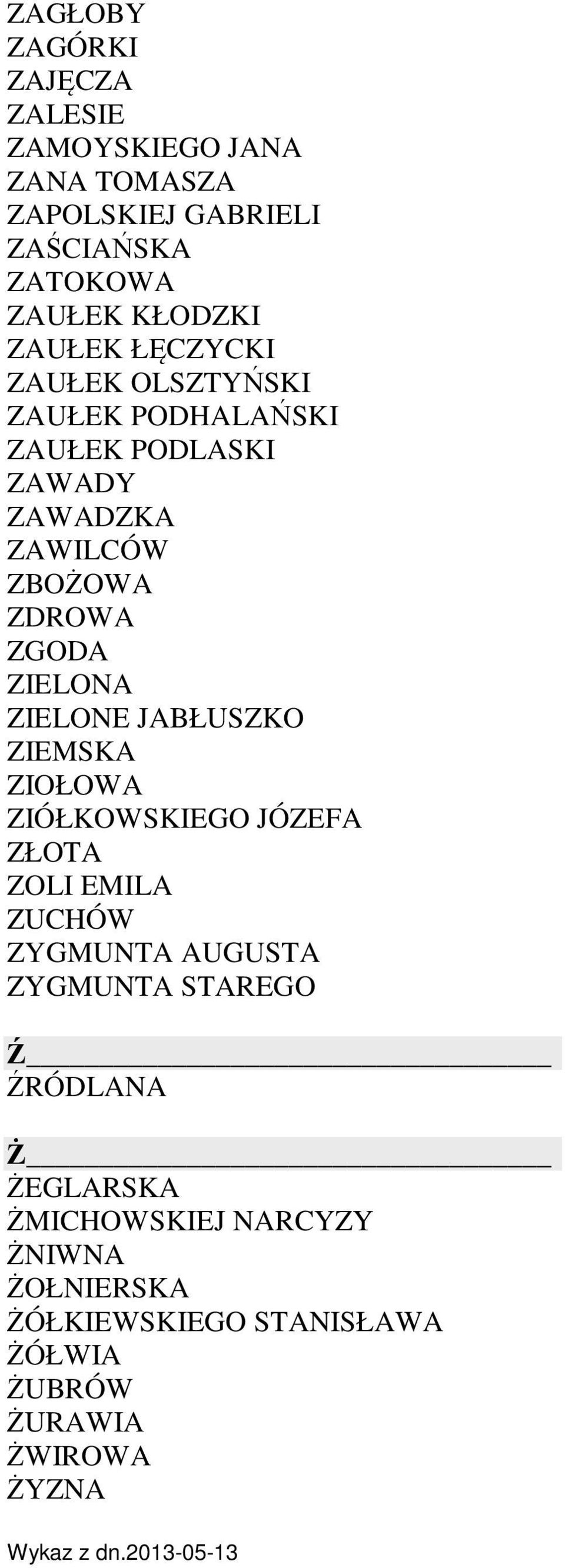 JABŁUSZKO ZIEMSKA ZIOŁOWA ZIÓŁKOWSKIEGO JÓZEFA ZŁOTA ZOLI EMILA ZUCHÓW ZYGMUNTA AUGUSTA ZYGMUNTA STAREGO Ź ŹRÓDLANA Ż