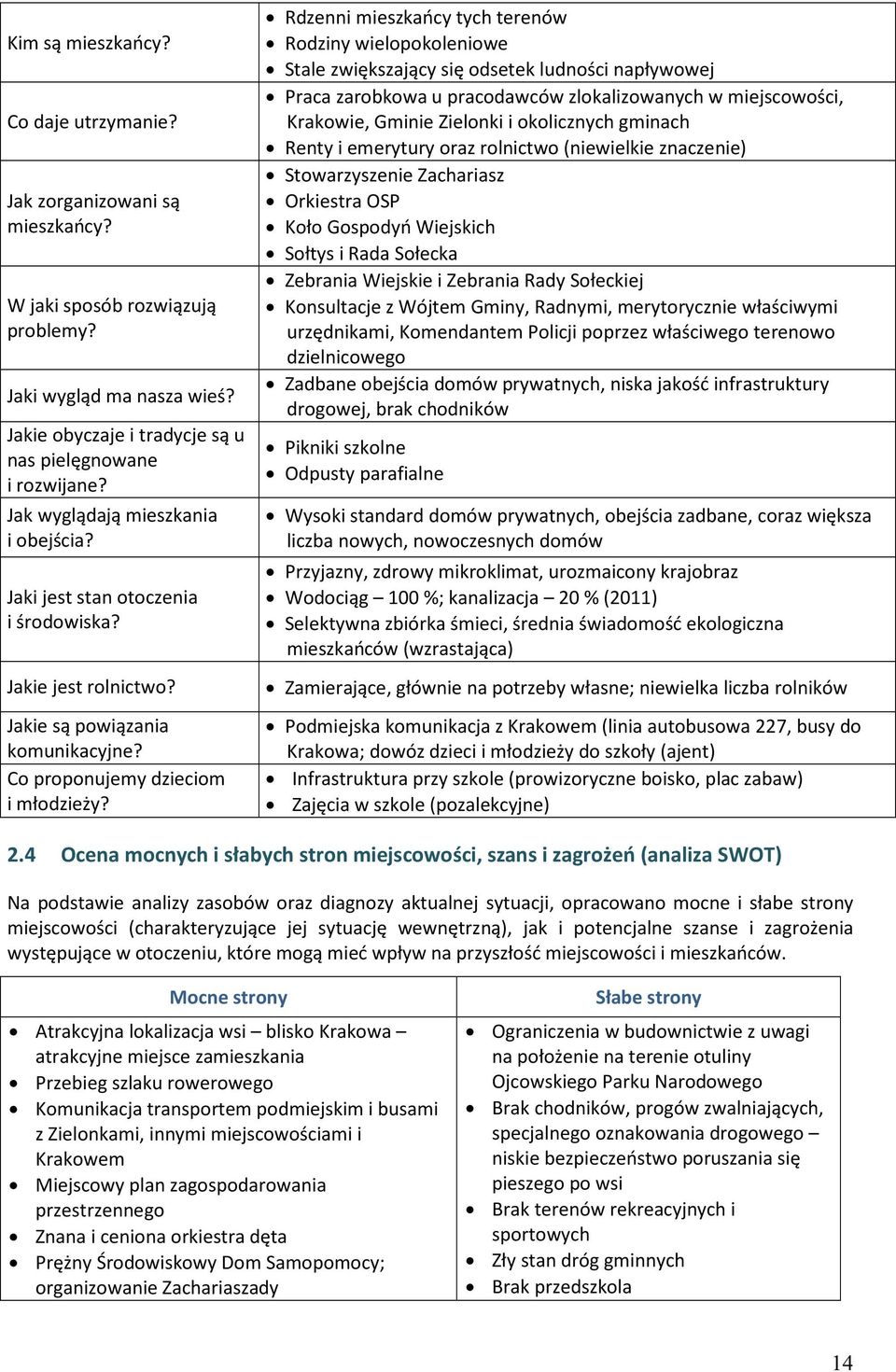 Rdzenni mieszkańcy tych terenów Rodziny wielopokoleniowe Stale zwiększający się odsetek ludności napływowej Praca zarobkowa u pracodawców zlokalizowanych w miejscowości, Krakowie, Gminie Zielonki i