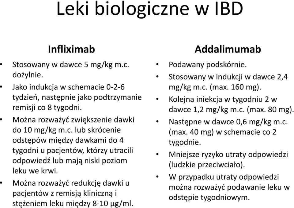 Można rozważyć redukcję dawki u pacjentów z remisją kliniczną i stężeniem leku między 8-10 µg/ml. Addalimumab Podawany podskórnie. Stosowany w indukcji w dawce 2,4 mg/kg m.c. (max. 160 mg).