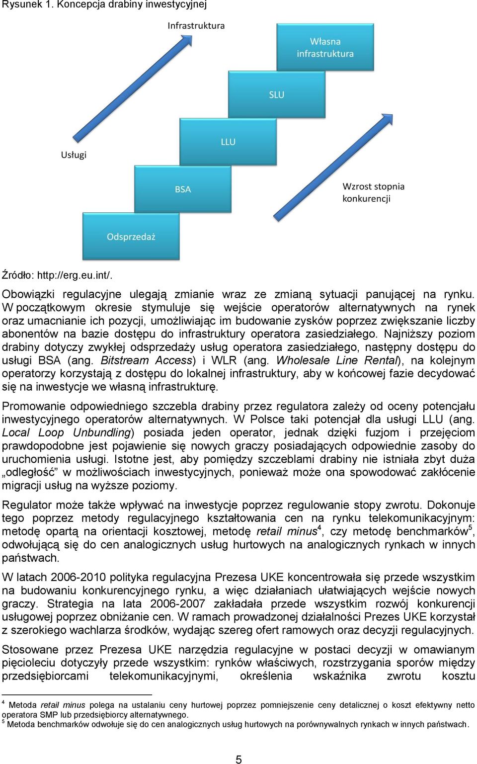 infrastruktury operatora zasiedziałego. Najniższy poziom drabiny dotyczy zwykłej odsprzedaży usług operatora zasiedziałego, następny dostępu do usługi BSA (ang. Bitstream Access) i WLR (ang.