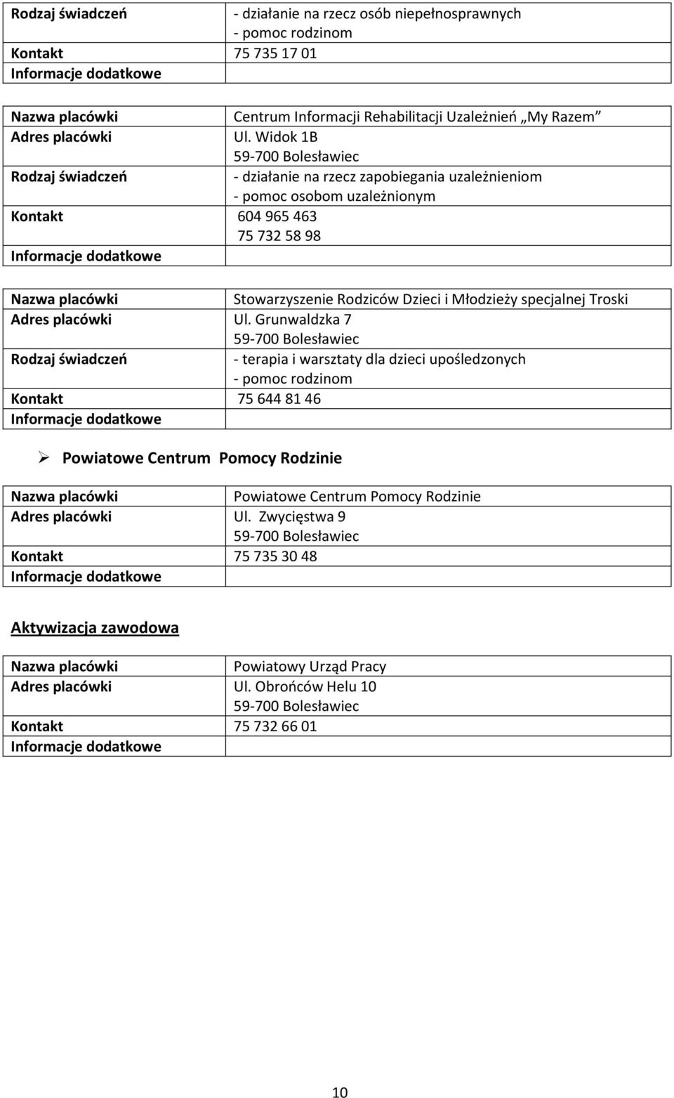 Grunwaldzka 7 59-700 Bolesławiec - terapia i warsztaty dla dzieci upośledzonych - pomoc rodzinom Kontakt 75 644 81 46 Powiatowe Centrum Pomocy Rodzinie Powiatowe Centrum Pomocy Rodzinie