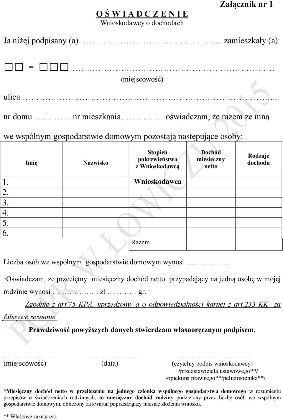 Wnioskodawca 2. 3. 4. 5. 6. Razem Liczba osób we wspólnym gospodarstwie domowym wynosi... *Oświadczam, że przeciętny miesięczny dochód netto przypadający na jedną osobę w mojej rodzinie wynosi. zł gr.