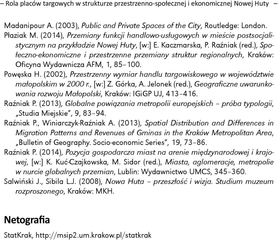 ), Społeczno-ekonomiczne i przestrzenne przemiany struktur regionalnych, Kraków: Oficyna Wydawnicza AFM, 1, 85 100. Powęska H.