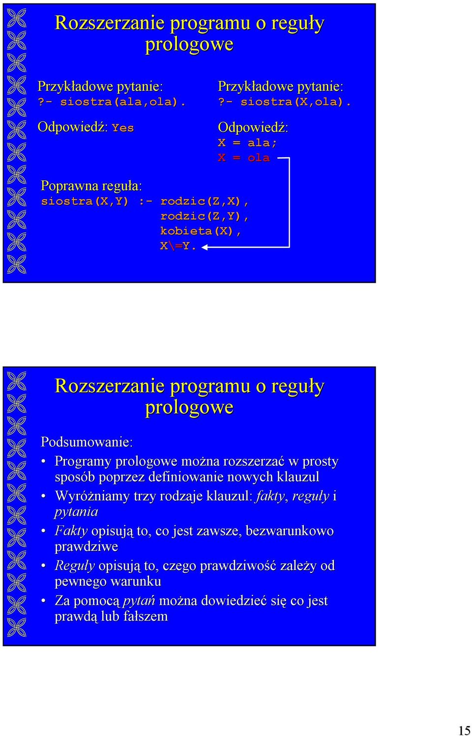 X = ala; X = ola Podsumowanie: Programy moŝna rozszerzać w prosty sposób poprzez definiowanie nowych klauzul WyróŜniamy trzy