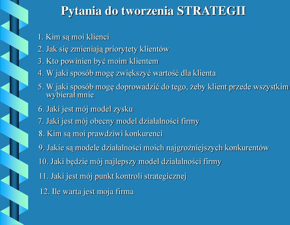 Jaki jest mój model zysku 7. Jaki jest mój obecny model działalności firmy 8. Kim są moi prawdziwi konkurenci 9.