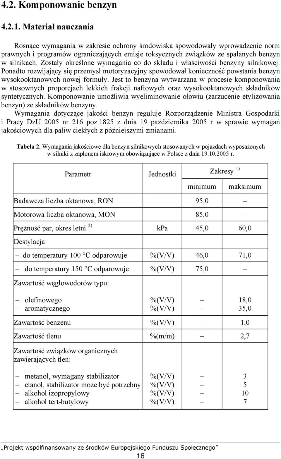 Zostały określone wymagania co do składu i właściwości benzyny silnikowej. Ponadto rozwijający się przemysł motoryzacyjny spowodował konieczność powstania benzyn wysokooktanowych nowej formuły.