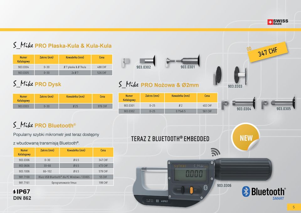 00 90.00 90.00 S_Mike PRO Bluetooth Popularny szybki mikrometr jest teraz dostępny z wbudowaną transmisją Bluetooth. Zakres Kowadełka 90.006 0-0 Ø 6.