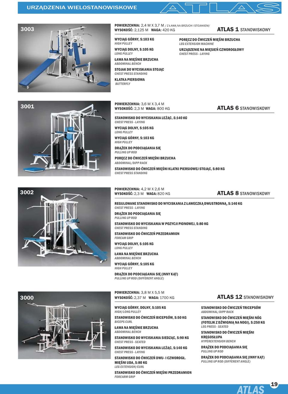 urządzenie na mięsień czworogłowy Chest press - laying 3001 powierzchnia: 3,6 m x 3,4 m wysokość: 2,3 m waga: 800 kg ATLAS 6 stanowiskowy stanowisko do wyciskania leżąc, s:140 kg Chest press - laying