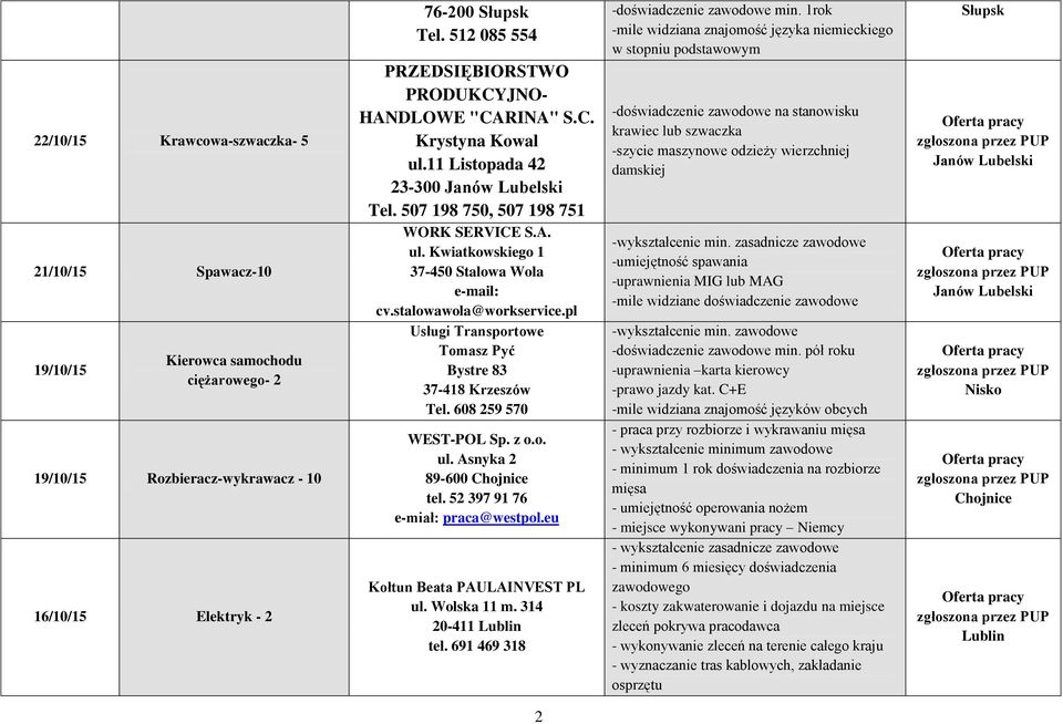 stalowawola@workservice.pl Usługi Transportowe Tomasz Pyć Bystre 83 37-418 Krzeszów Tel. 608 259 570 WEST-POL Sp. z o.o. ul. Asnyka 2 89-600 Chojnice tel. 52 397 91 76 e-miał: praca@westpol.