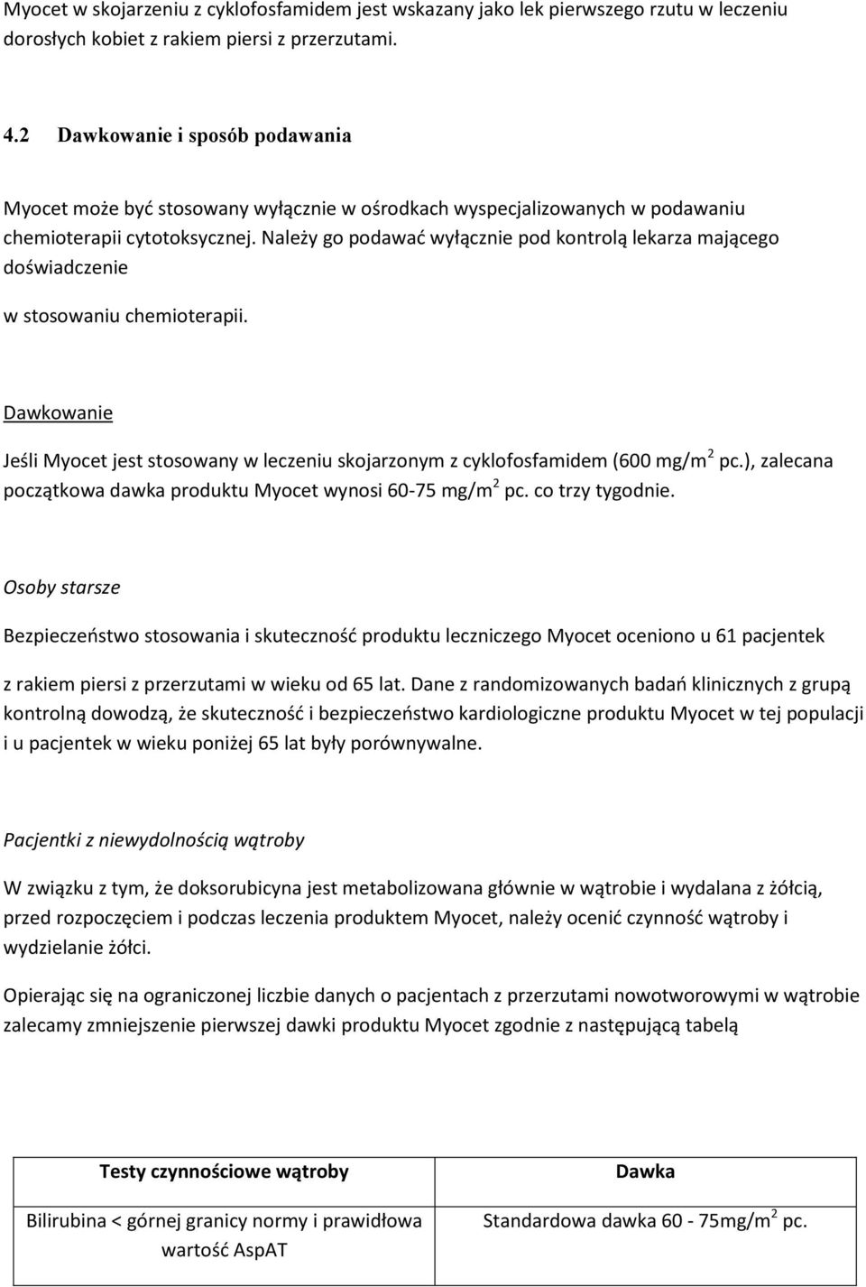 Należy go podawać wyłącznie pod kontrolą lekarza mającego doświadczenie w stosowaniu chemioterapii. Dawkowanie Jeśli Myocet jest stosowany w leczeniu skojarzonym z cyklofosfamidem (600 mg/m 2 pc.