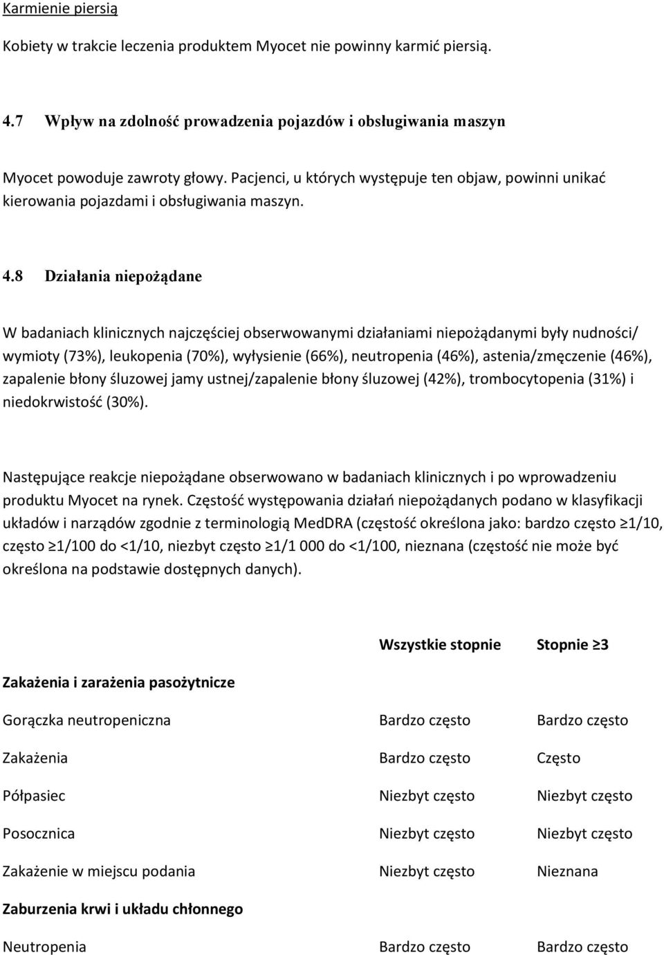 8 Działania niepożądane W badaniach klinicznych najczęściej obserwowanymi działaniami niepożądanymi były nudności/ wymioty (73%), leukopenia (70%), wyłysienie (66%), neutropenia (46%),