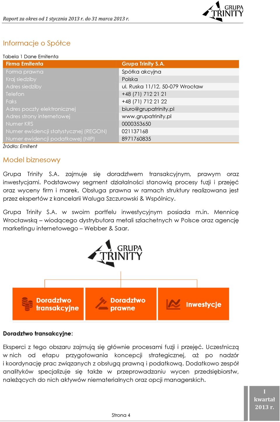 pl Adres strony internetowej www.grupatrinity.pl Numer KRS 0000353650 Numer ewidencji statystycznej (REGON) 021137168 Numer ewidencji podatkowej (NP) 8971760835 Model biznesowy Grupa Trinity S.A. zajmuje się doradztwem transakcyjnym, prawym oraz inwestycjami.