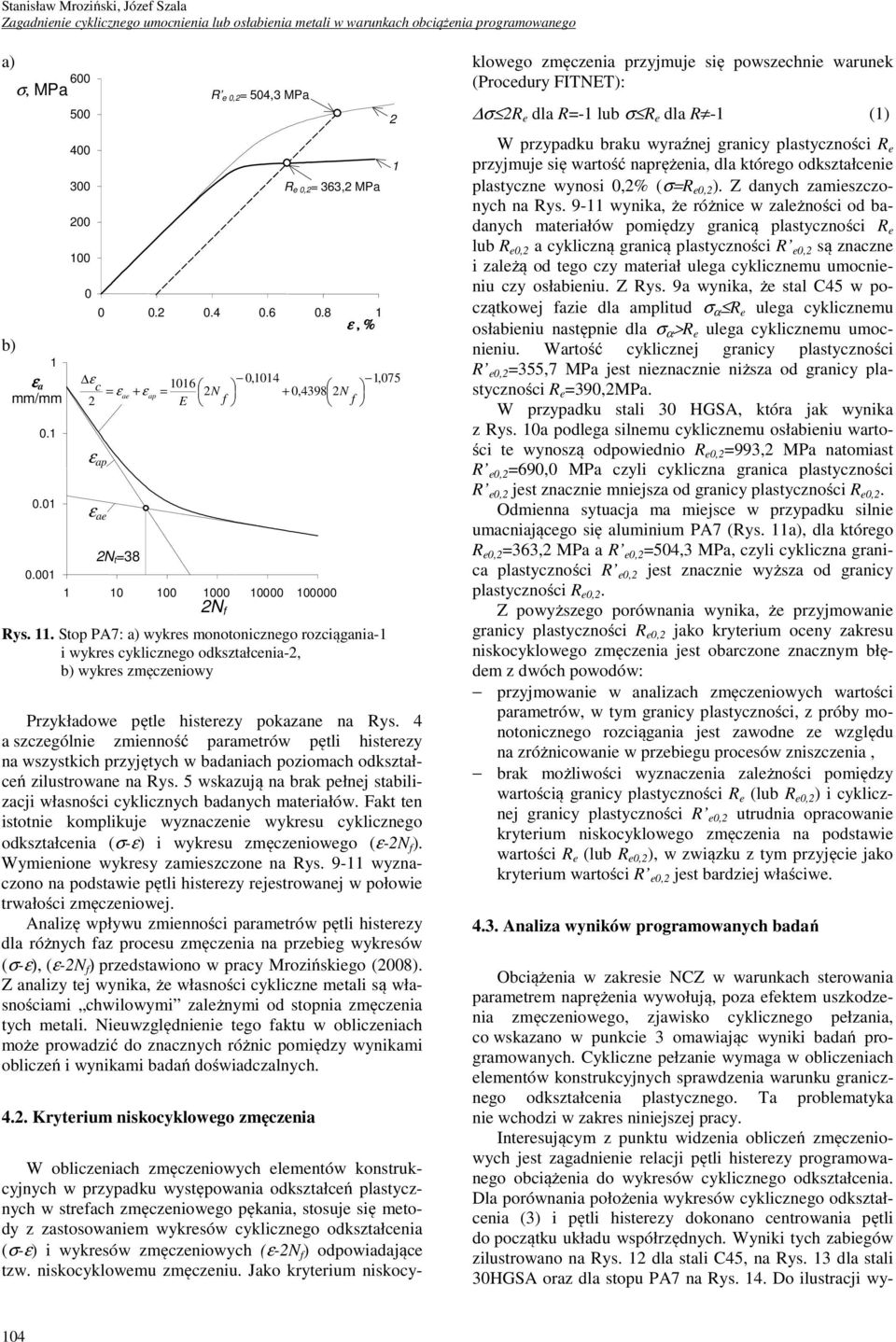 . Stop PA7: wykres monotonicznego rozciągania- i wykres cyklicznego odkształcenia-, wykres zmęczeniowy Przykładowe pętle histerezy pokazane na Rys.