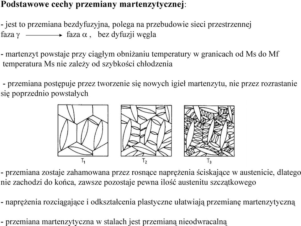 przez rozrastanie się poprzednio powstałych -przemiana zostaje zahamowana przez rosnące naprężenia ściskające w austenicie, dlatego nie zachodzi do końca, zawsze pozostaje