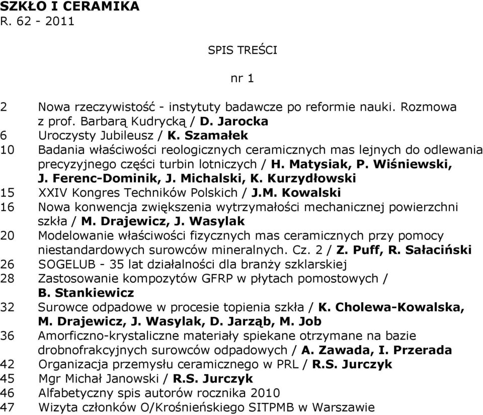 Kurzydłowski 15 XXIV Kongres Techników Polskich / J.M. Kowalski 16 Nowa konwencja zwiększenia wytrzymałości mechanicznej powierzchni szkła / M. Drajewicz, J.