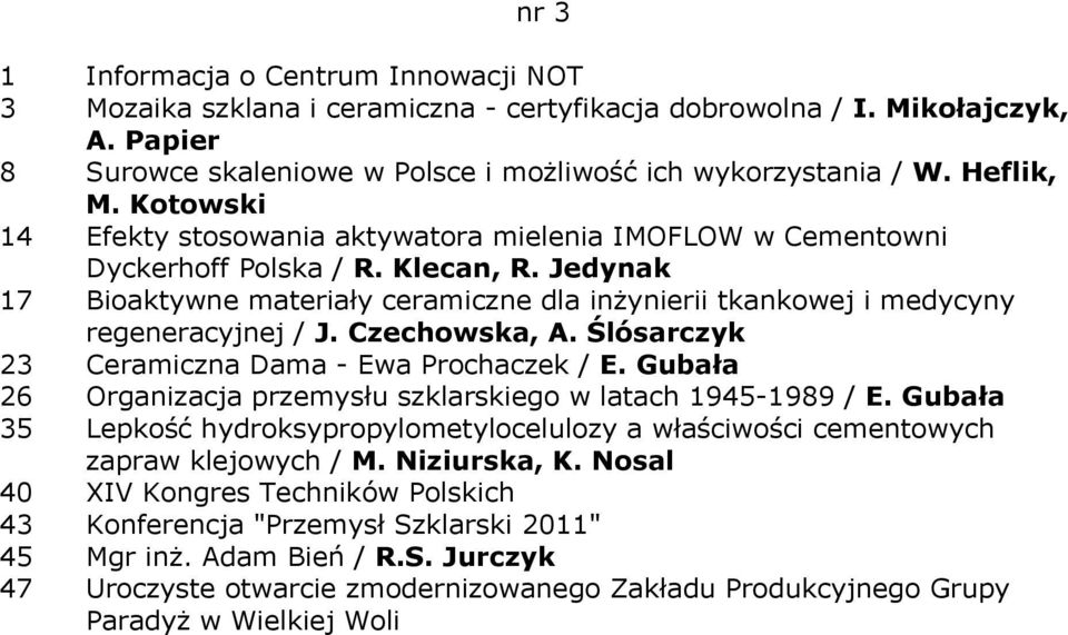 Jedynak 17 Bioaktywne materiały ceramiczne dla inżynierii tkankowej i medycyny regeneracyjnej / J. Czechowska, A. Ślósarczyk 23 Ceramiczna Dama - Ewa Prochaczek / E.