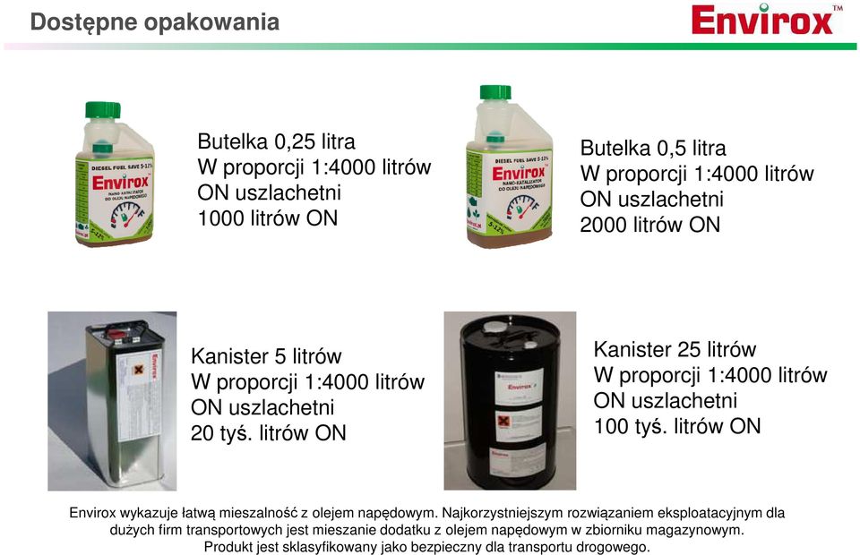 litrów ON Kanister 25 litrów W proporcji 1:4000 litrów ON uszlachetni 100 tyś. litrów ON Envirox wykazuje łatwą mieszalność z olejem napędowym.