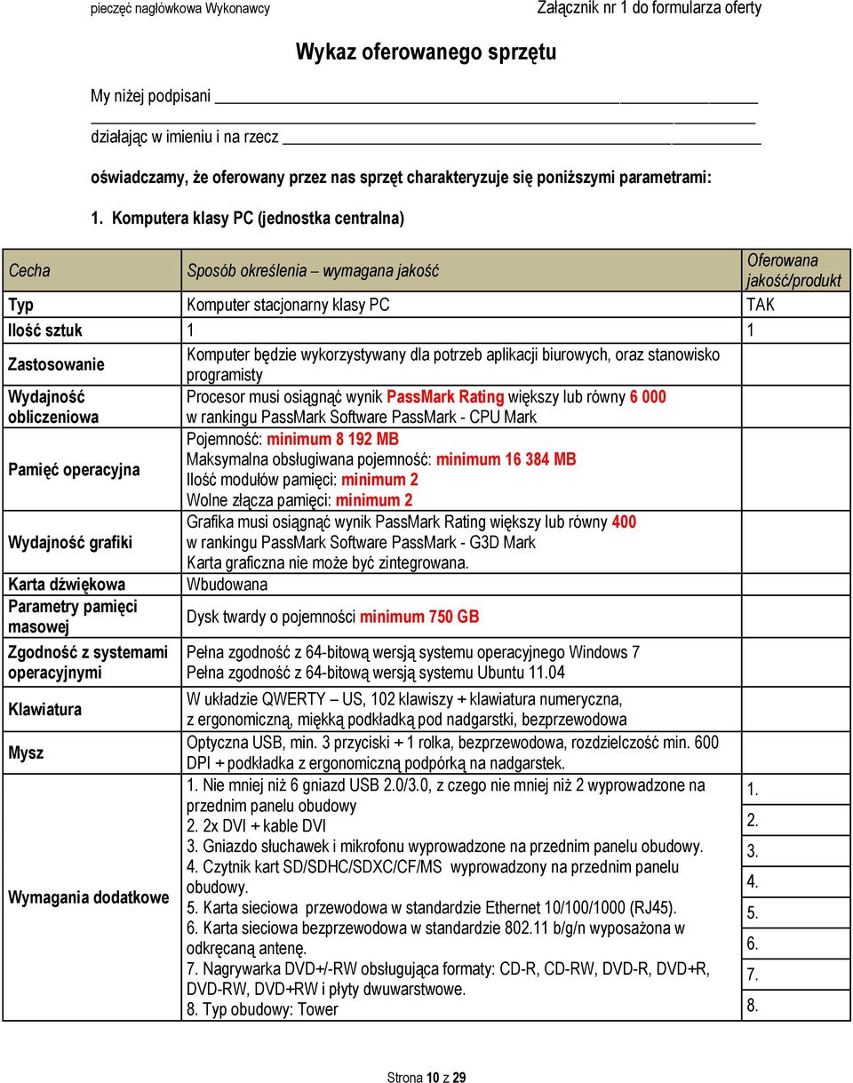 oraz stanowisko programisty Wydajność obliczeniowa Procesor musi osiągnąć wynik PassMark Rating większy lub równy 6 000 w rankingu PassMark Software PassMark - CPU Mark Pamięć operacyjna Pojemność: