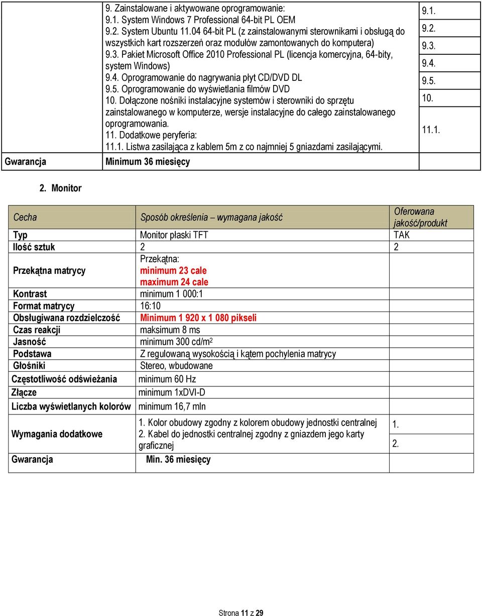 Pakiet Microsoft Office 2010 Professional PL (licencja komercyjna, 64-bity, system Windows) 9.4. Oprogramowanie do nagrywania płyt CD/DVD DL 9.5. Oprogramowanie do wyświetlania filmów DVD 10.