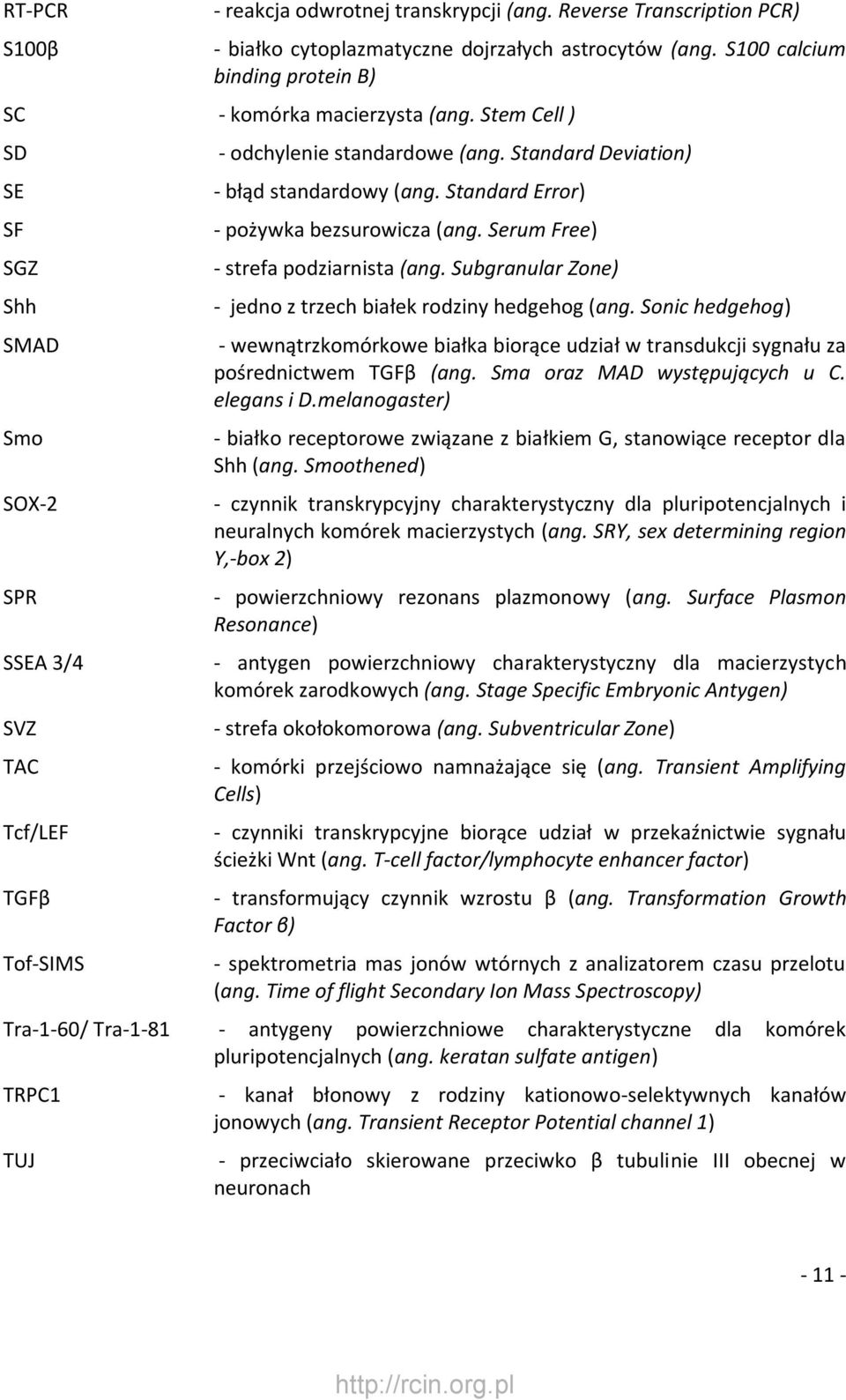 Standard Error) - pożywka bezsurowicza (ang. Serum Free) - strefa podziarnista (ang. Subgranular Zone) - jedno z trzech białek rodziny hedgehog (ang.