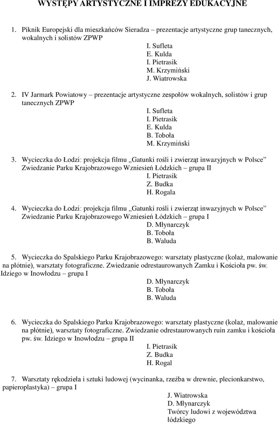 Wycieczka do Łodzi: projekcja filmu Gatunki rośli i zwierząt inwazyjnych w Polsce Zwiedzanie Parku Krajobrazowego Wzniesień Łódzkich grupa II Z. Budka H. Rogala 4.