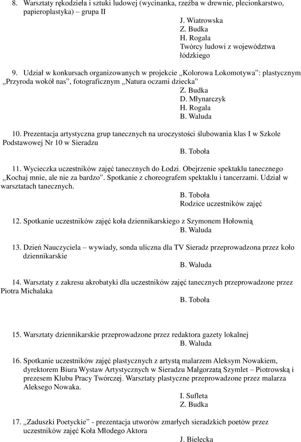 Prezentacja artystyczna grup tanecznych na uroczystości ślubowania klas I w Szkole Podstawowej Nr 10 w Sieradzu B. Toboła 11. Wycieczka uczestników zajęć tanecznych do Łodzi.