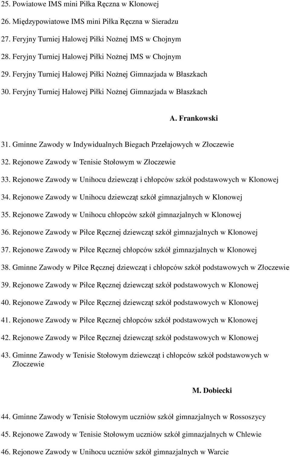 Gminne Zawody w Indywidualnych Biegach Przełajowych w Złoczewie 32. Rejonowe Zawody w Tenisie Stołowym w Złoczewie 33. Rejonowe Zawody w Unihocu dziewcząt i chłopców szkół podstawowych w Klonowej 34.