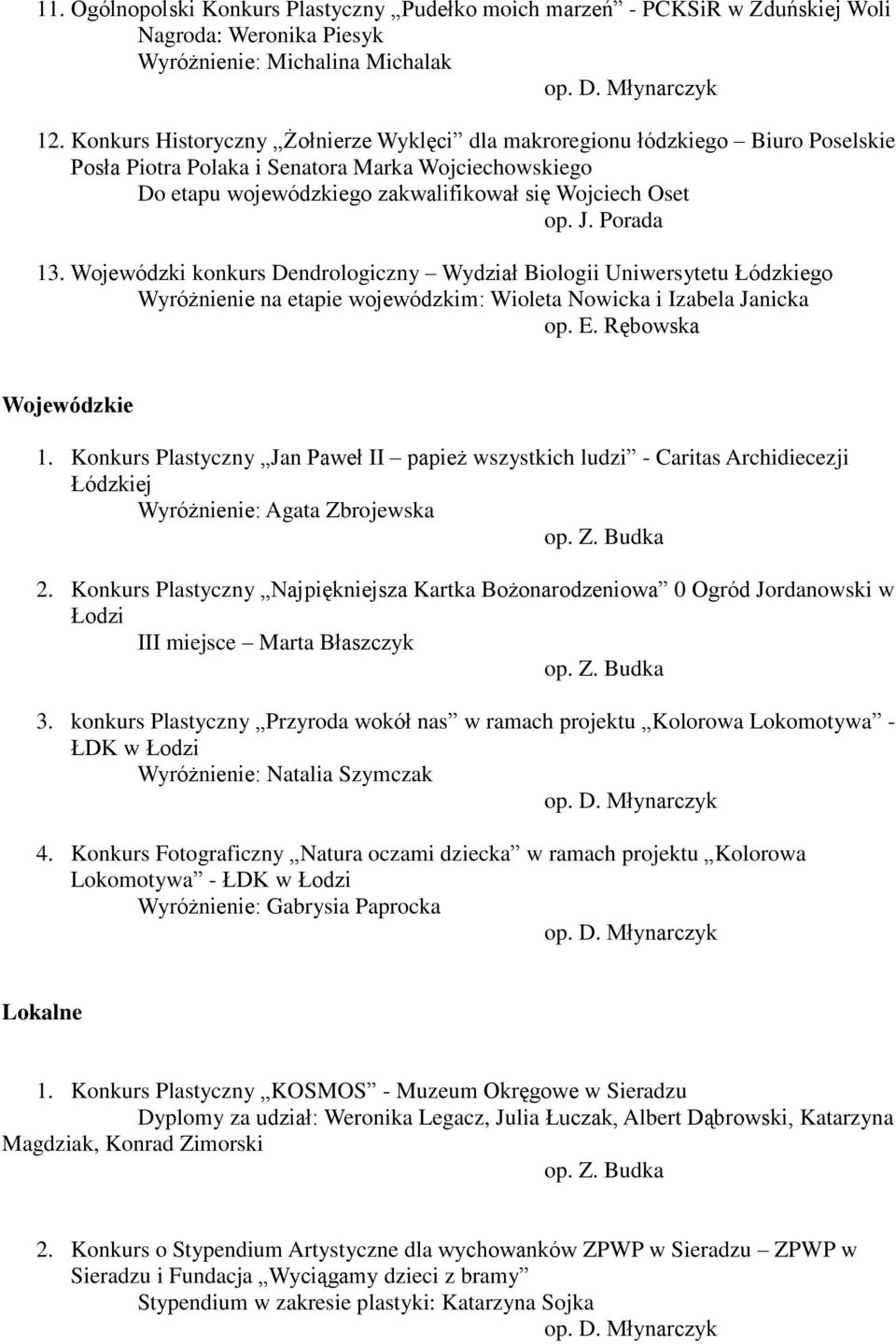 Porada 13. Wojewódzki konkurs Dendrologiczny Wydział Biologii Uniwersytetu Łódzkiego Wyróżnienie na etapie wojewódzkim: Wioleta Nowicka i Izabela Janicka op. E. Rębowska Wojewódzkie 1.