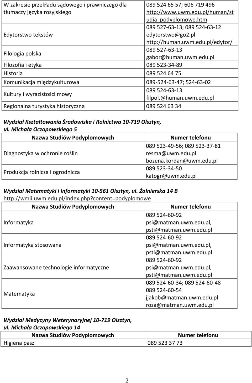 @human.uwm.edu.pl Regionalna turystyka historyczna 0895246334 Wydział Kształtowania Środowiska i Rolnictwa 10-719 Olsztyn, ul.