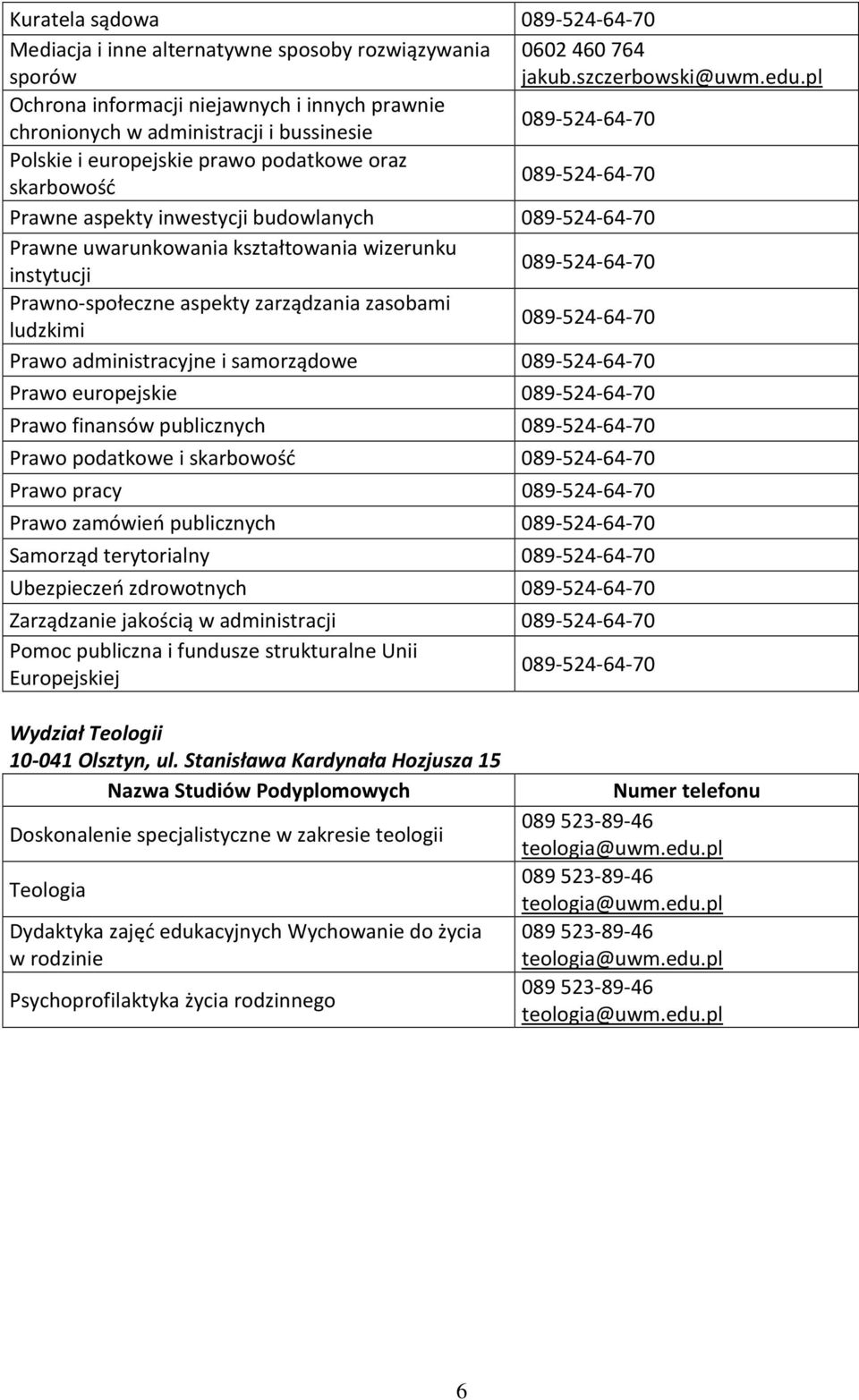 uwarunkowania kształtowania wizerunku instytucji Prawno-społeczne aspekty zarządzania zasobami ludzkimi Prawo administracyjne i samorządowe Prawo europejskie Prawo finansów publicznych Prawo