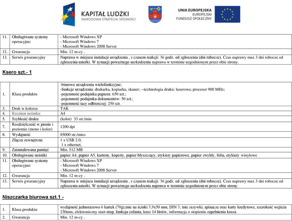 - 1 -biurowe urządzenia wielofunkcyjne; -funkcje urządzenia: drukarka, kopiarka, skaner; --technologia druku: laserowa; procesor 900 MHz; -pojemność podajnika papieru: 650 szt.