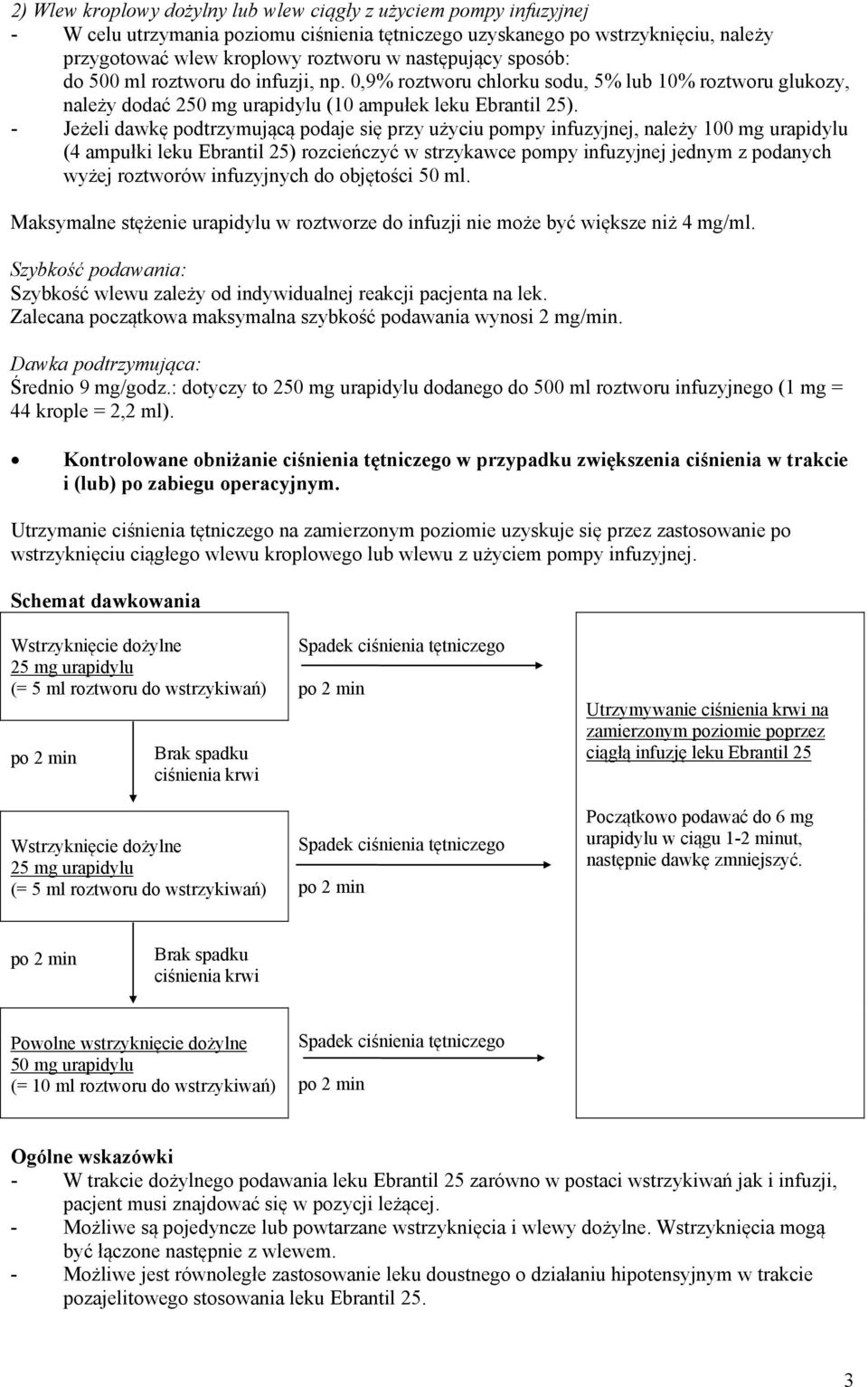 - Jeżeli dawkę podtrzymującą podaje się przy użyciu pompy infuzyjnej, należy 100 mg urapidylu (4 ampułki leku Ebrantil 25) rozcieńczyć w strzykawce pompy infuzyjnej jednym z podanych wyżej roztworów