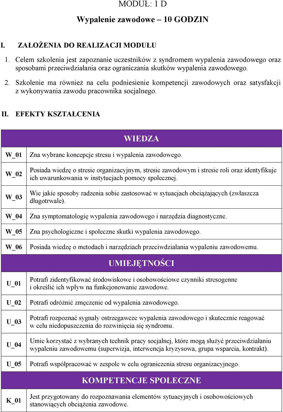Szkolenie ma również na celu podniesienie kompetencji zawodowych oraz satysfakcji z wykonywania zawodu pracownika socjalnego. II.