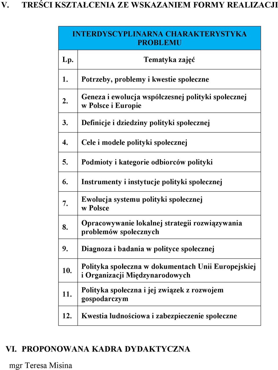 Instrumenty i instytucje polityki społecznej 7. 8. Ewolucja systemu polityki społecznej w Polsce Opracowywanie lokalnej strategii rozwiązywania problemów społecznych 9.