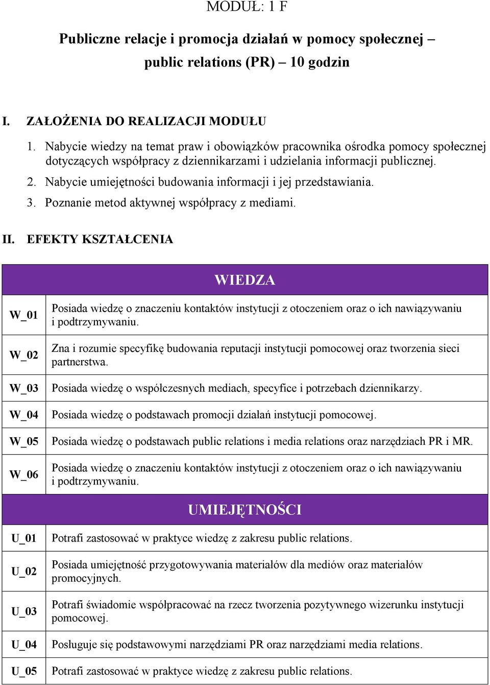 Nabycie umiejętności budowania informacji i jej przedstawiania. 3. Poznanie metod aktywnej współpracy z mediami. II.