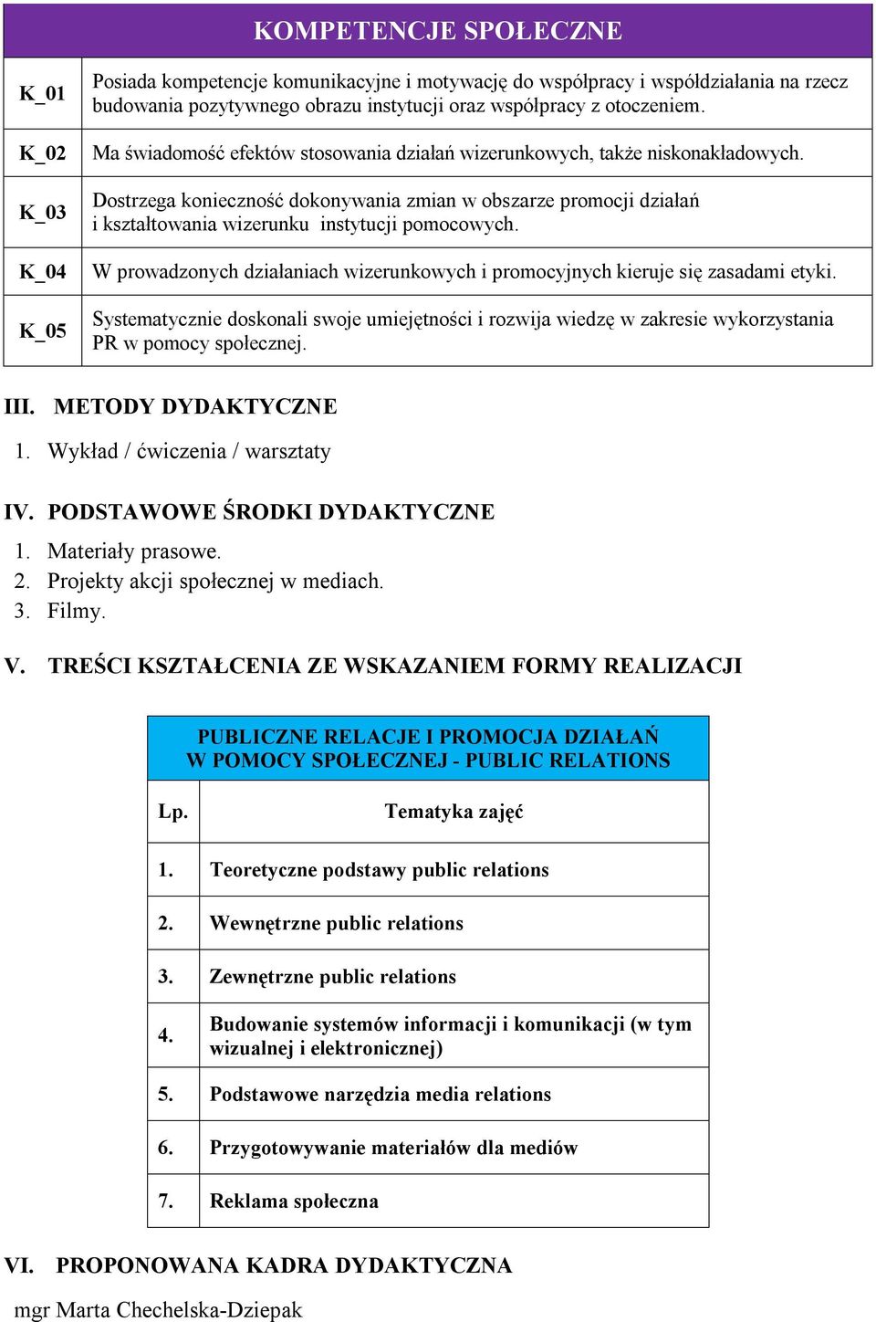 Dostrzega konieczność dokonywania zmian w obszarze promocji działań i kształtowania wizerunku instytucji pomocowych. W prowadzonych działaniach wizerunkowych i promocyjnych kieruje się zasadami etyki.