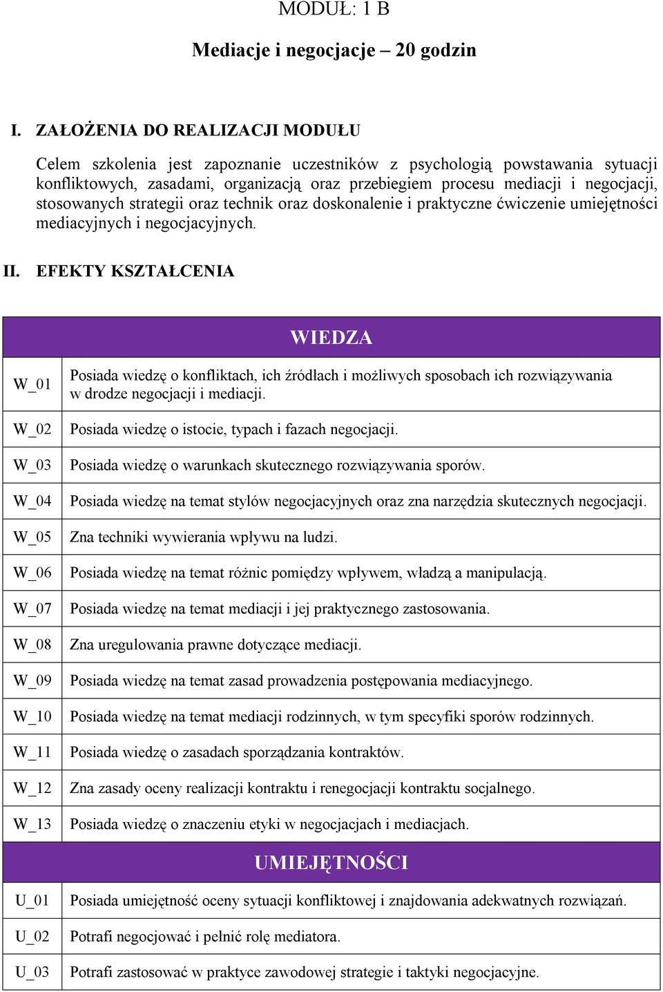 stosowanych strategii oraz technik oraz doskonalenie i praktyczne ćwiczenie umiejętności mediacyjnych i negocjacyjnych. II.