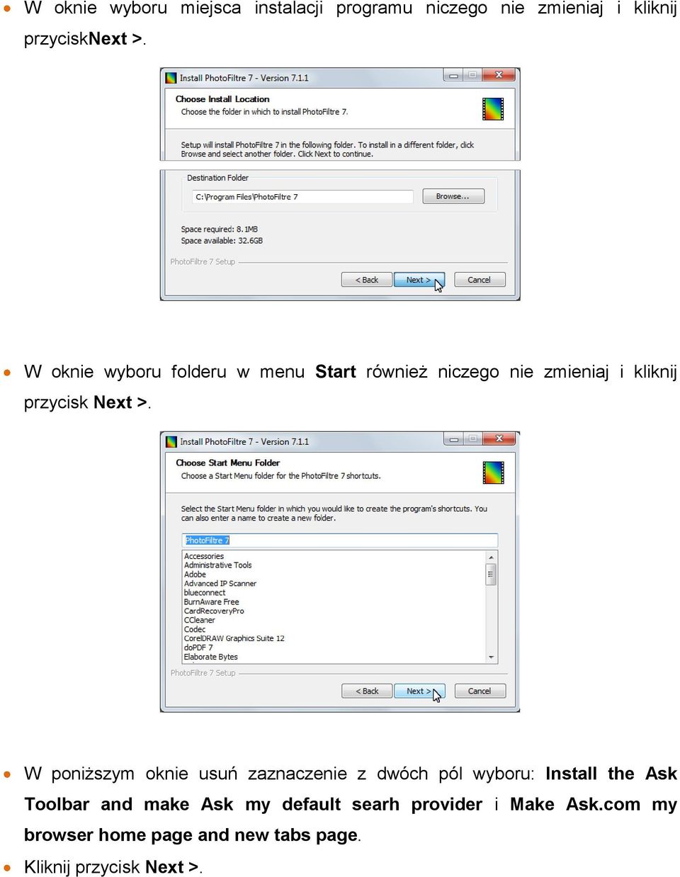 W poniższym oknie usuń zaznaczenie z dwóch pól wyboru: Install the Ask Toolbar and make Ask my