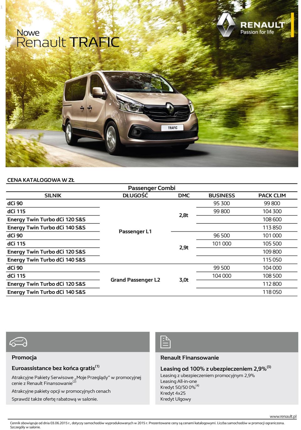 L2 3,0t Energy Twin Turbo dci 120 & 112 800 Energy Twin Turbo dci 140 & 118 050 Promocja Euroassistance bez końca gratis (1) Atrakcyjne Pakiety erwisowe Moje Przeglądy w promocyjnej cenie z Renault