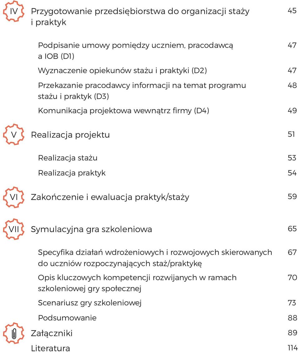 Realizacja praktyk 54 VI Zakończenie i ewaluacja praktyk/staży 59 VII Symulacyjna gra szkoleniowa 65 Specyfika działań wdrożeniowych i rozwojowych skierowanych do uczniów